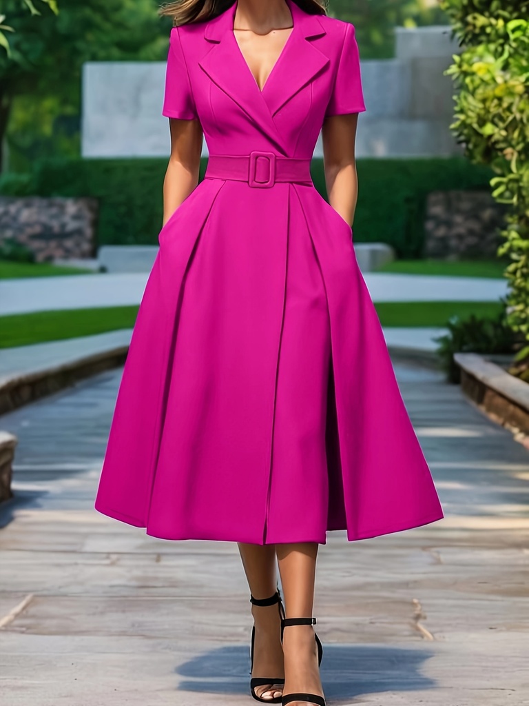 Vestido elegante sin mangas con cuello en V y cinturón para mujer, color rosa brillante, ideal para primavera y verano, talla adulto, ropa casual, vestido con escote en V, moda sin mangas, talla plus
