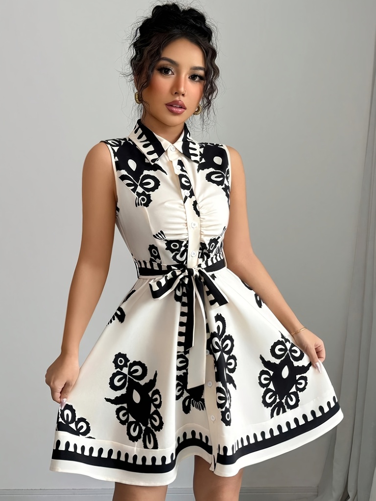 Vestido vintage de flores para mujer, estilo A-line en blanco y negro, largo midi, para fiestas o uso diario, estructura firme sin estirar, formal o casual, tela ligera, holgado, moda de verano