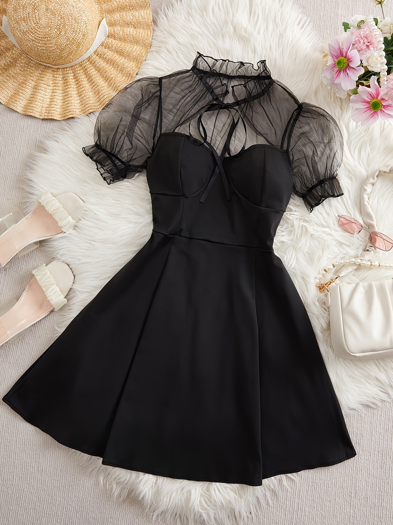 Vestido midi negro elegante con sobrepuesto de malla y detalle de moño, estilo sexy para fiestas, ajustado, manga corta, cuello redondo para mujer