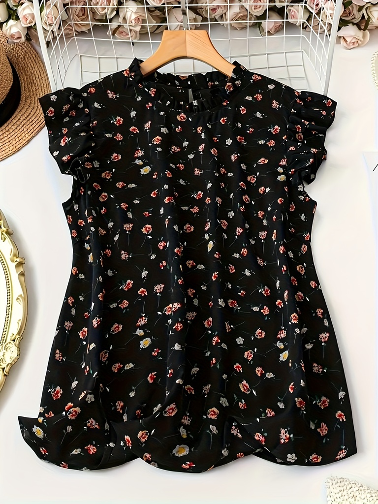 Blusa Elegante con Volantes en el Cuello y Puños Abullonados - Estampado Floral 