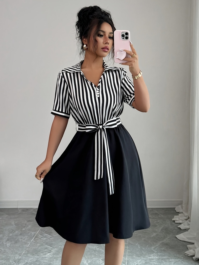 Vestido Estructurado Elegante de Mujer en Rayas Blancas y Negras con Cintura Ajustada, Largo al Suelo o por Encima del Tobillo - Opciones para Todo el Tiempo: Lavable a Máquina. Trajes Formales e Informales Clásicos Confeccionados desde Casual hasta Eventos Formal