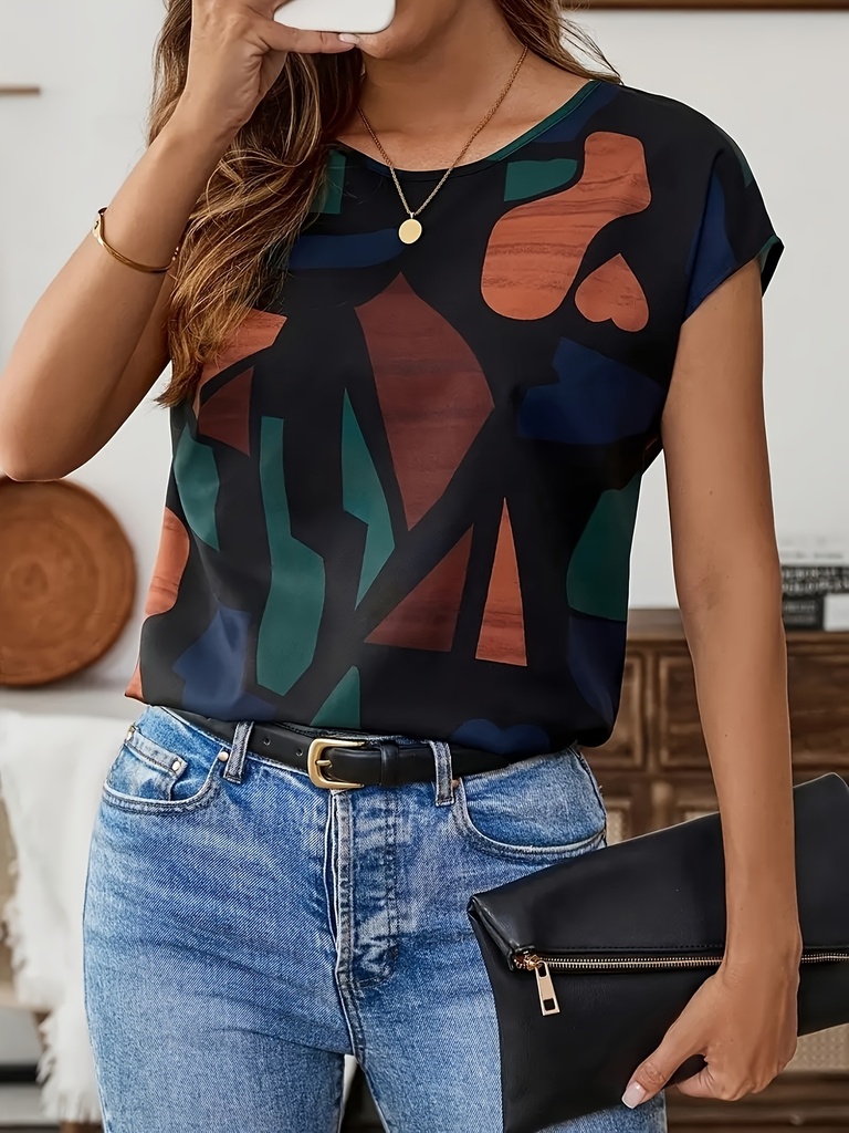 Blusa Elegante de Estampado Geométrico para Mujer con Mangas Murciélago - Cuello Redondo, Manga Corta, Tejido No Transparente Lavable a Máquina, Top Versátil para Primavera Verano Otoño, Ajuste Relajado para Uso Casual y Formal