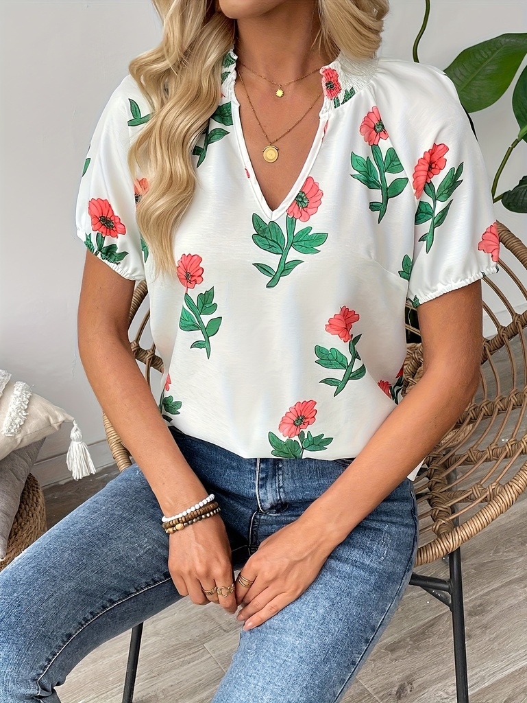 Blusa Elegante de Mujer con Estampado Floral y Manga Corta - Camisa Boho-Chic Blanca con Patrón de Hojas en Rosa & Verde, Tejido Ligero Transpirable, Ajuste Relajado para Primavera, Verano e Otoño, Atuendos Casuales Formales, Lavable a Máquina (Rosa/Rojo/Verde), Corte Estructurado con Dobladillo Volante, Tela Sin Elastizar, Ideal Para Ropa casual Y Eventos Semi-Formales, Diseño Chic Feminino Con Impresión floral, Blusas de Rayón para Mujer,