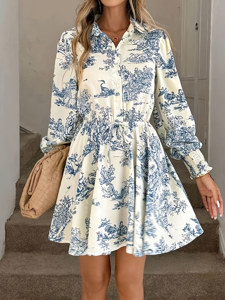 Vestido Elegante de Mujer con Estampado Floral de Manga Larga - Largo a la Rodilla, Abotonado con Cintura Anudada, Diseño Azul Claro y Blanco, Perfecto para Primavera/Verano/Otoño, Ropa Casual a Formal, Vestido Casual de Verano | Vestido con Estampado Floral | Vestido con Cintura Anudada, Ropa de Vacaciones, Impresión Digital, Mujer, Vestido Elegante, Tejido Fluido, Ropa para Adultos