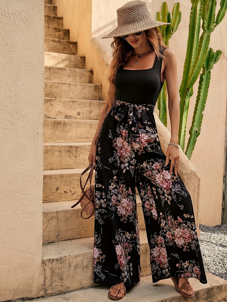 Mono elegante para mujer con estampado floral, sin mangas, cuello redondo y piernas anchas, con cinturón ajustable, diseño en negro y rosa, lavado a mano, estilo sofisticado y urbano, tela sin estirar