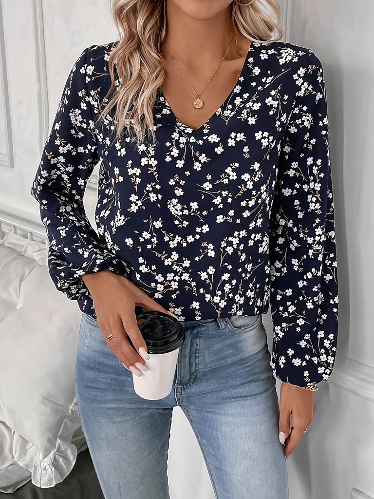 Blusa de Mujer en Azul Marino y Blanco con Volantes - Camisa Casual de Corto Plazo Estampado Floral, Ajuste Relajado para Primavera/Otoño Ideal Brunch, Oficina & Fiestas, Lavable a Manos Sin Elástico, Blusas y Tops para Mujer, Tops para Mujer, Blusas y Tops para Mujer, Blusas para Mujer, Navidad, Blusas para Mujer, Ropa de Moda para Mujeres, Blusas para Mujer, Tops de Verano para Mujeres, Blusas para Mujer Elegantes y Sofisticadas