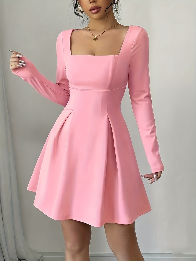 Vestido mini de línea A para mujer, nuevo, elegante y moderno, de primavera/otoño, con cuello cuadrado rosa y manga larga - Perfecto para fiestas, citas y atuendos casuales, vestido de novia sencillo