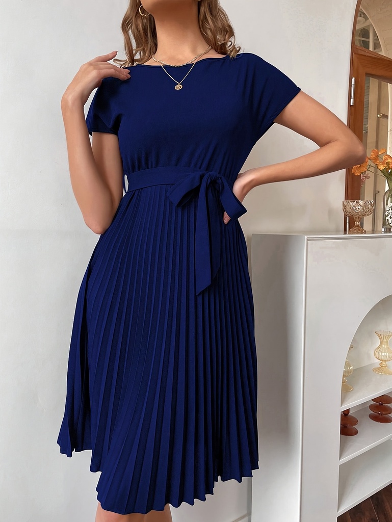 Vestido de línea A de color azul marino para mujer - Elegante y versátil para eventos especiales y fiestas, con cinturón ajustable, corte agradabilísimo para uso diario, ropa de mujer para todas las estaciones, estilo de falda plisada, tejido no transparente, ropa de trabajo, diseño clásico, ropa duradera, para mujeres adultas.
