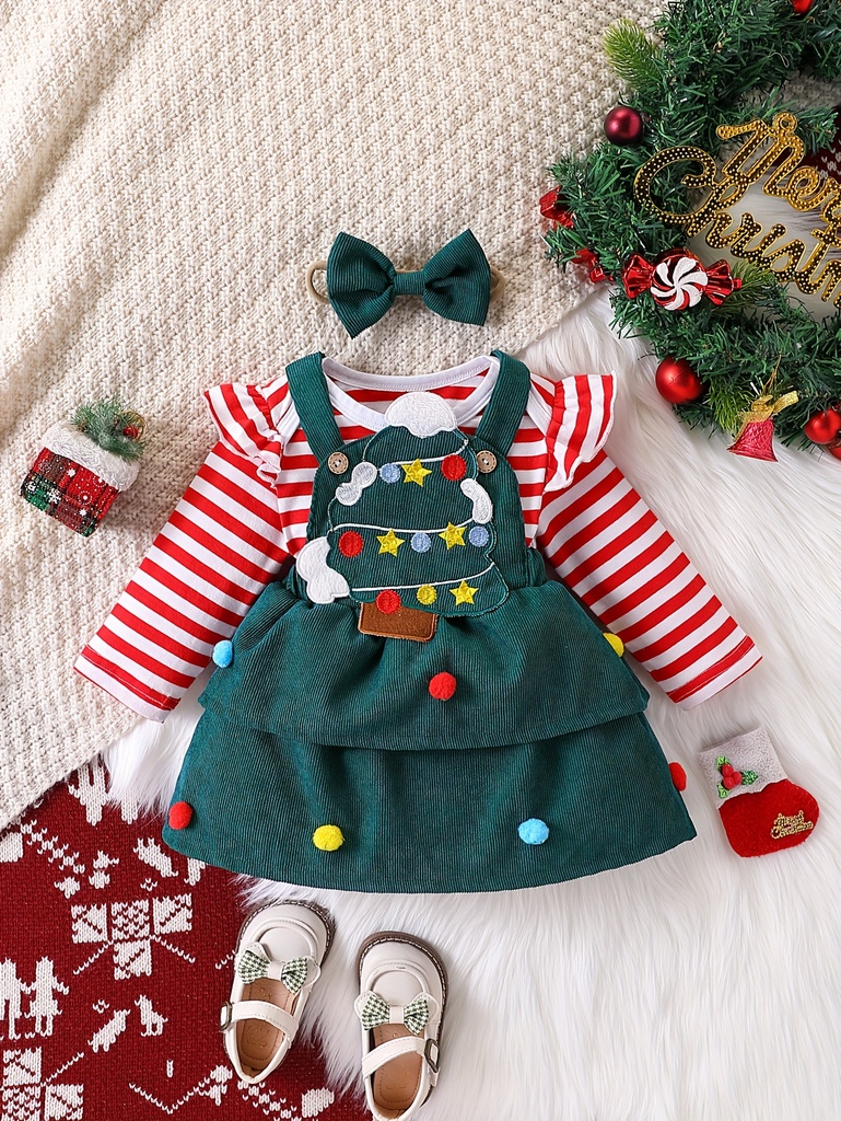 Conjunto de Navidad para Bebé Niña de Dos Piezas con Mangas Largas a Rayas y Falda con Tirantes de Pana, Bordado de Árbol de Navidad y Adorno de Pompones, Perfecto para Fiestas Navideñas, Vestidos de Navidad para Niñas, Bebés y Sesiones de Fotos, para Exteriores