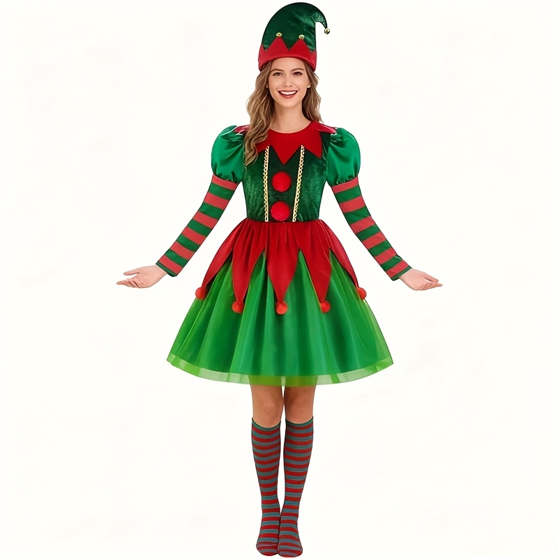 3 Piezas & Conjunto de Disfraz Elfo Navideño - Traje Completo Ayudante de Santa con Medias a Rayas y Sombrero Afilado, Mangas Abullonadas e Inserciones en Redeza, Atuendo Rojo/Verde para Fiestas Festivas o Cosplay (Mayores 14+) – Cómodo Vestido de Fiesta