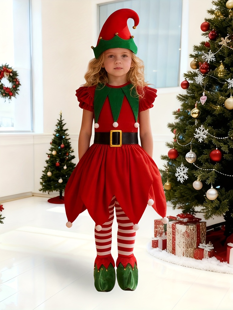 Conjunto de 5 piezas de elfo navideño para niñas - Vestido rojo de Papá Noel con sombrero verde, cinturón y calcetines a rayas - Perfecto para fiestas y celebraciones navideñas, Disfraz de Navidad|Diseño divertido|Tejido elástico, Disfraz de Navidad para niñas