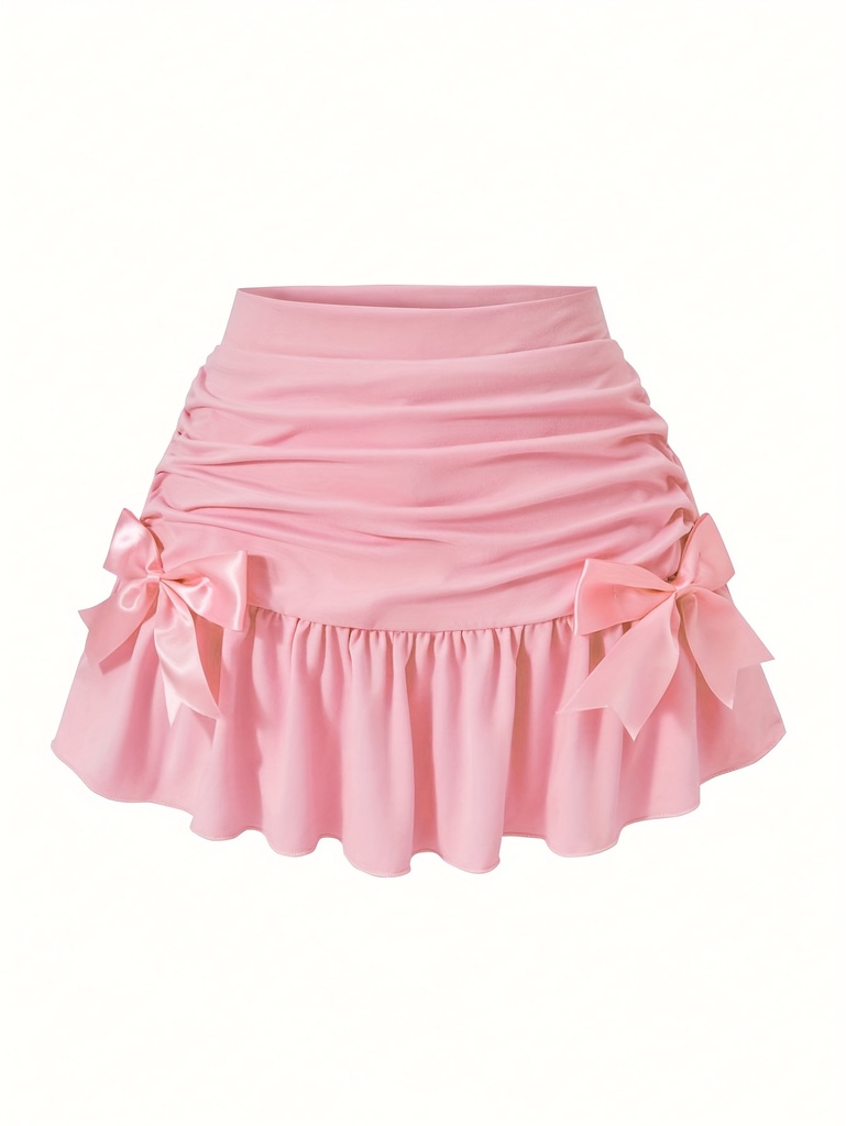 Falda casual de color liso para niñas, ideal para todas las estaciones, con detalle de lazo - Falda acampanada con volantes y pantalones, falda rosa suave de línea A para citas, fiestas, para adolescentes, falda para niñas, ropa de fiesta, ropa cómoda, para adolescentes