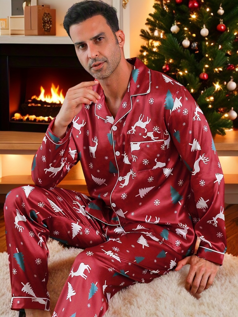 Conjunto de Pijama para Hombre Navideño, Manga Larga y Buzo Rojo con Cárdigan - Dos Prendas Todo-Temporada