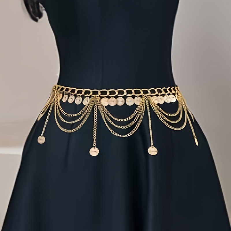 Cadena para cintura con dije de moneda y borlas, estilo boho, en capas, dorada, de metal, sexy, para bikini, playa, joyería corporal, faja para vestir, para mujeres