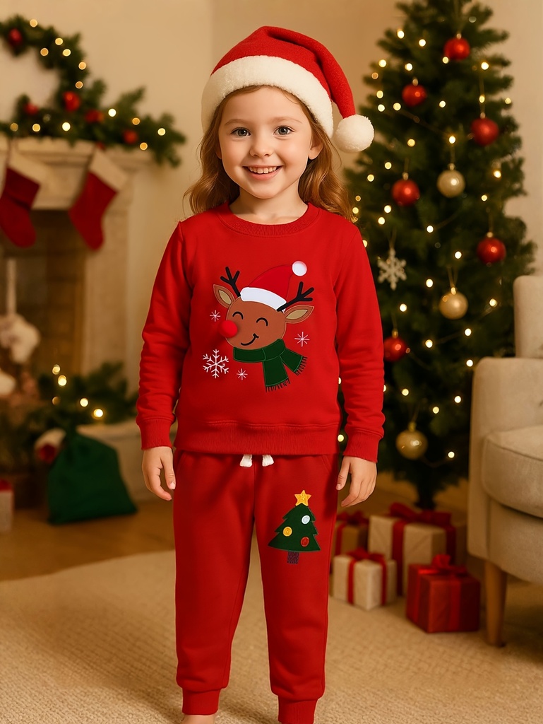 Conjunto de camiseta y pantalones de chándal de Navidad para niñas, 2 piezas, otoño invierno, cuello redondo, dibujos animados de renos y copos de nieve, estampado aleatorio 3D de nariz, jersey de manga larga + bolsillo real, para exteriores, ropa casual, perfecto para actividades al aire libre