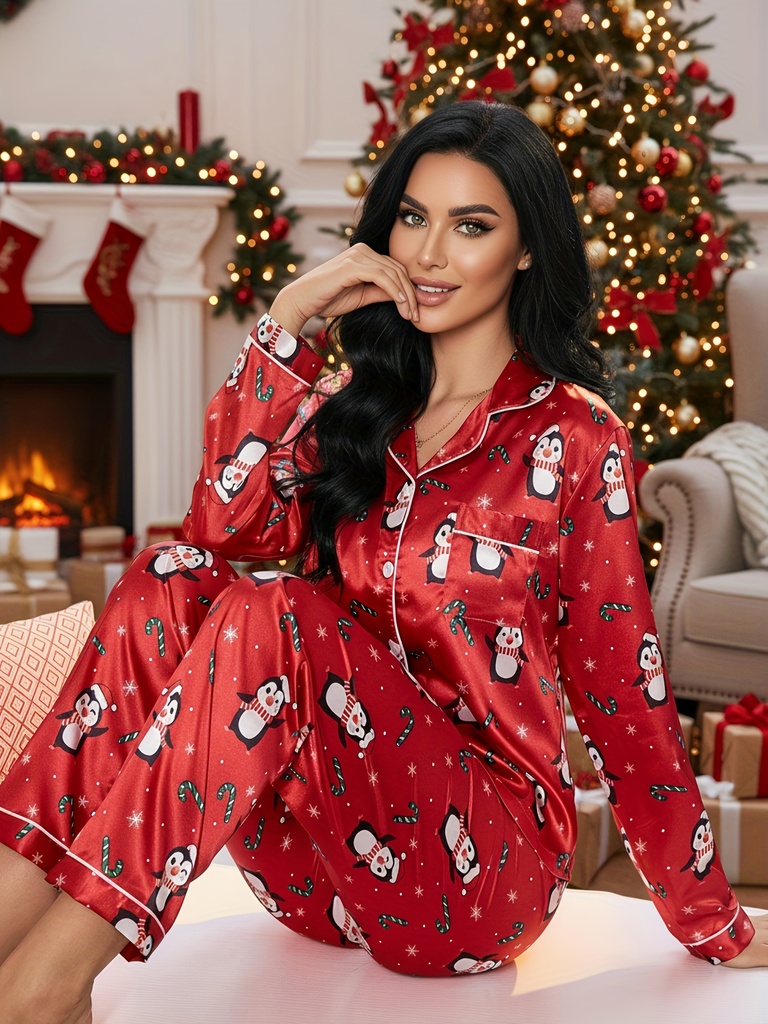 Conjunto de Pijama para Mujer Otoño/Invierno, Cárdigan Holgado de Manga Larga con Pingüino Navideño y Pantalones, Ropa de Descanso Cómoda y Casual, Ideal para Usar en Casa o Fuera