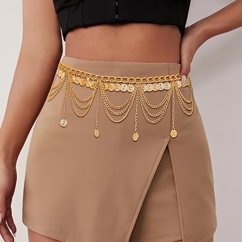 Cadena para la cintura elegante con flecos dorados y diseño de capas para mujeres, aleación de zinc, ideal para vestidos, fiestas y vacaciones