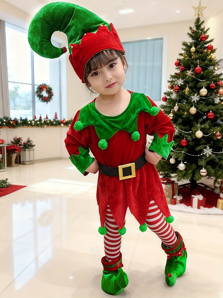 Conjunto de Elfa para Niñas de 6 Piezas con Sombrero, Vestido y Leggings - Traje Rojo/Verde/Blanco con Ribete Blanco y Hebillas Doradas, Cinturón y Tirantes - Completo para Fiestas de Navidad, Disfraces y Eventos - Lavable a Máquina