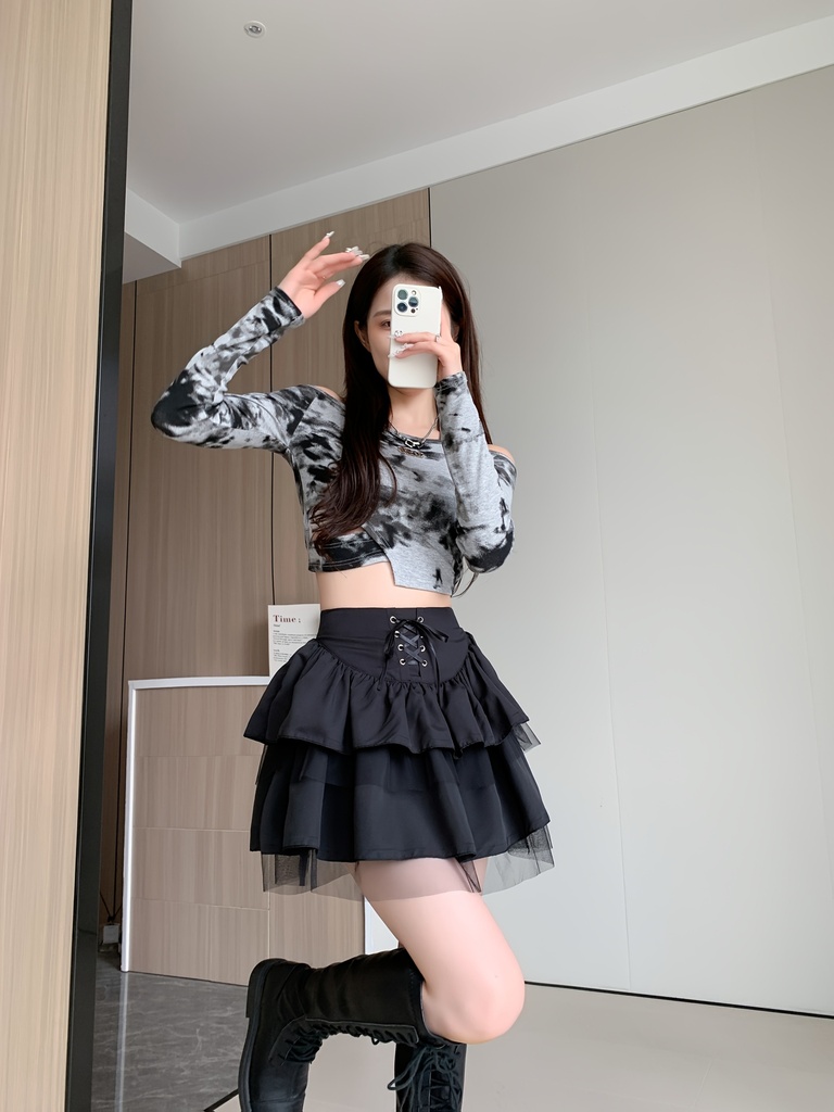 Faldita de mujer WSD911 estilo ballet de cintura alta, color negro, ajuste suelto, línea A, longitud corta, verano, elegante, color sólido, con cinturón.