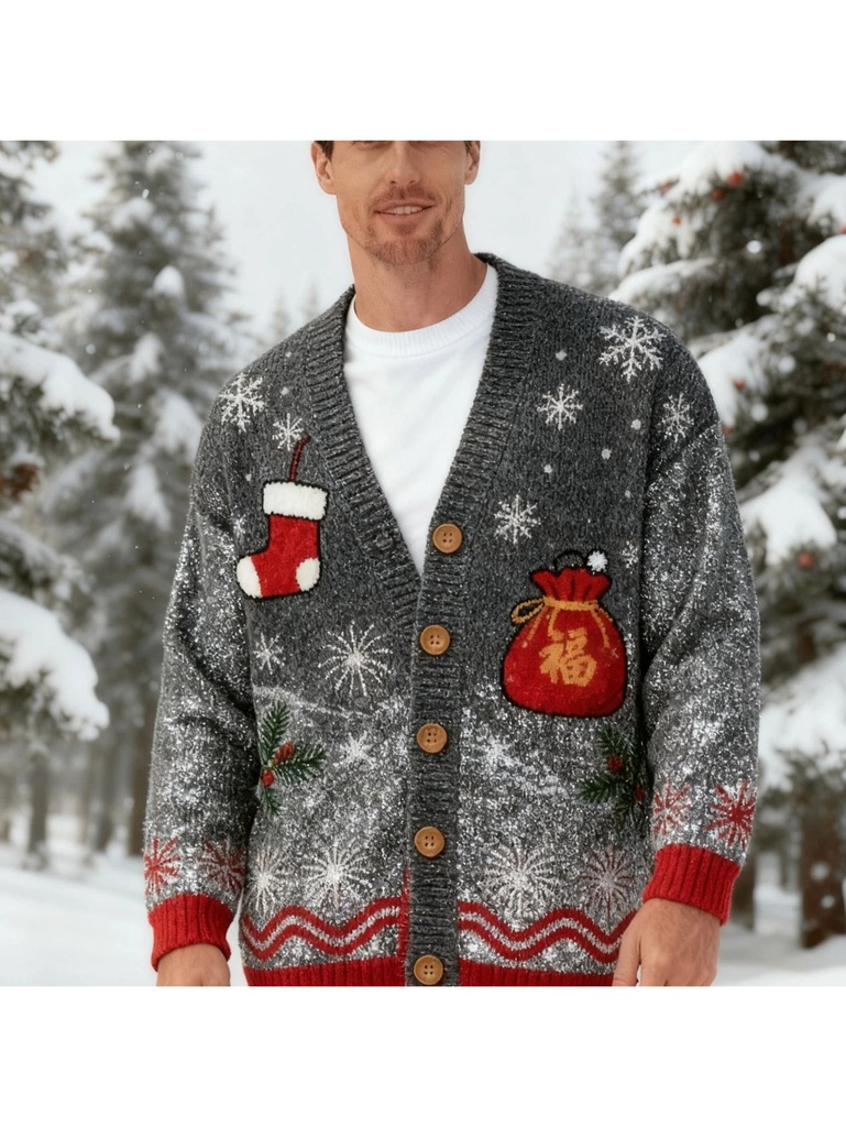 Cárdigan de Navidad gris elegante para hombre con cuello en V y botones frontales, estampado de copos de nieve y calcetines, patrones de poinsettia roja y acebo - Abrigo de invierno lavable a máquina, suéter relajado y acogedor para fiestas navideñas, conjuntos de invierno casuales y atuendo casual