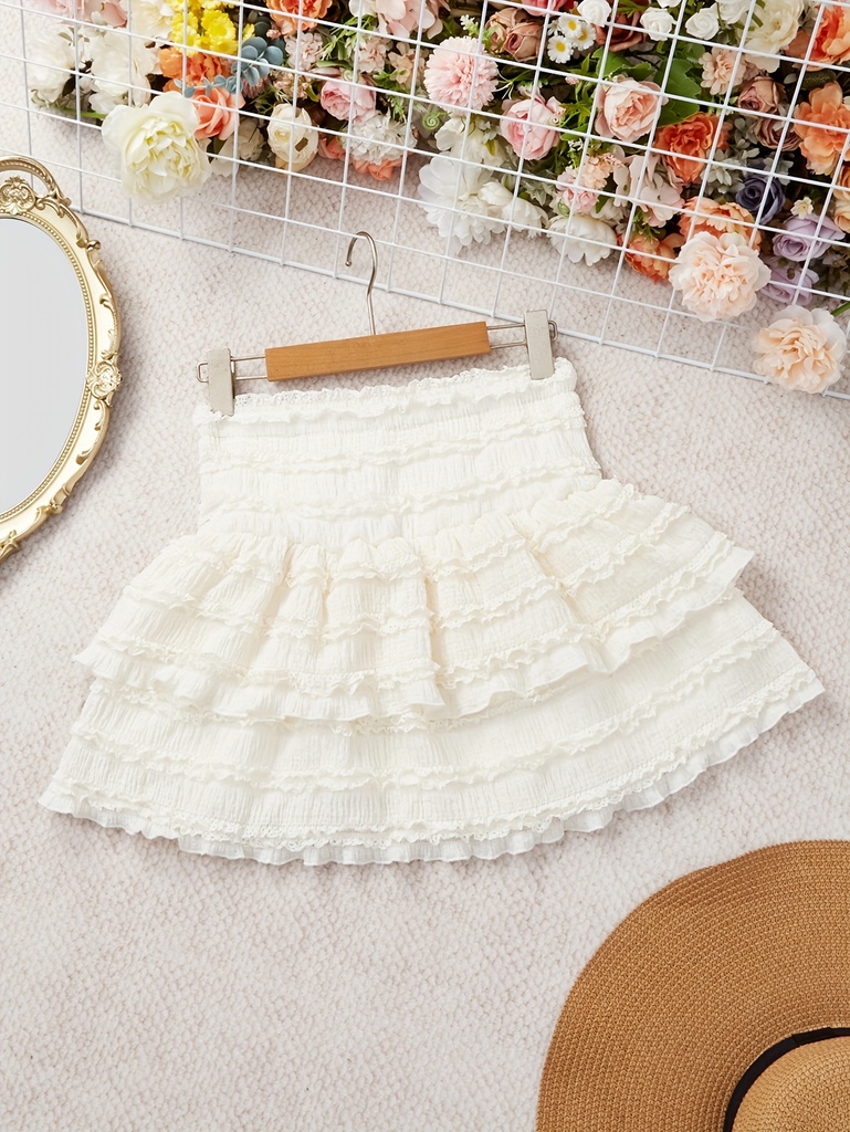 Falda de encaje blanca para mujer de verano con cintura elástica - Poliéster ligero, diseño rizado, perfecta para ropa casual, ropa casual | dobladillo rizado | tejido ligero