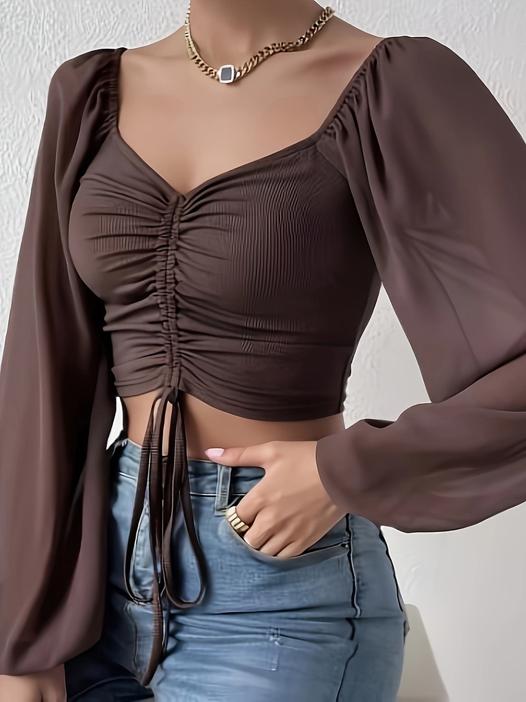 Blusa Elegante de Mujer con Cuello en V - Camisa de Manga Larga con Cintura Ajustable con Cordón, Tops Chic de Oficina a Fiesta para Mujer, Conjuntos Diarios y Formales de Primavera/Otoño/Verano - Blusas de Mujer, Moda de Temporada, Estilo Sofisticado, Amantes de la Moda