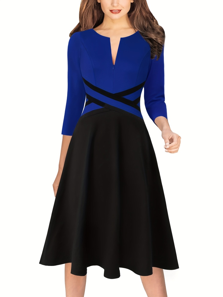 Vestido elegante para mujer - Azul y negro, dos tonos, línea A, midi con cuello en V, mangas largas y cintura fruncida, perfecto para ocasiones informales o formales, ropa casual | Vestido con cuello en V | Diseño de cintura fruncida, vestido