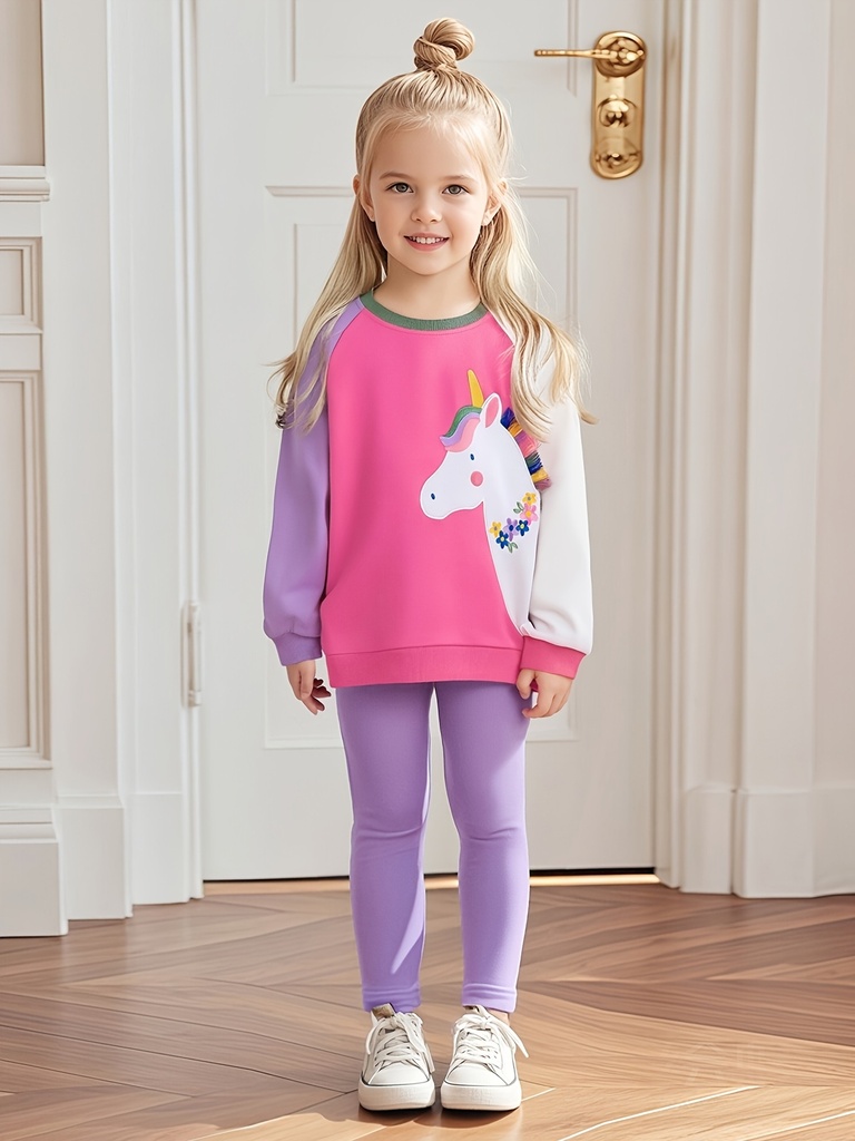 Conjunto de Sudadera y Leggings de Invierno para Niñas Little Maven, 2 piezas - Rosa Pastel y Morado, con Apliques de Unicornio, Jersey de Manga Larga con Costuras en Contraste, para Exteriores, Perfecto para Exteriores, Tejido Cálido y Acogedor, Regalo Ideal (Rosa/Morado), Ideal para