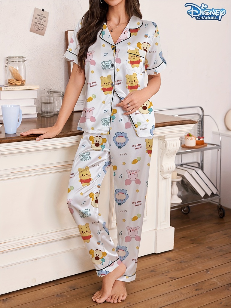 Conjunto de pijama de mujer con estampado de dibujos animados de Toy Story de Disney, 2 piezas, cómodo, con bloques de color, manga corta, botones, pantalones elásticos, tejido suave y transpirable, adecuado para todas las estaciones, ropa de hogar, 25AW, ropa de descanso de moda.