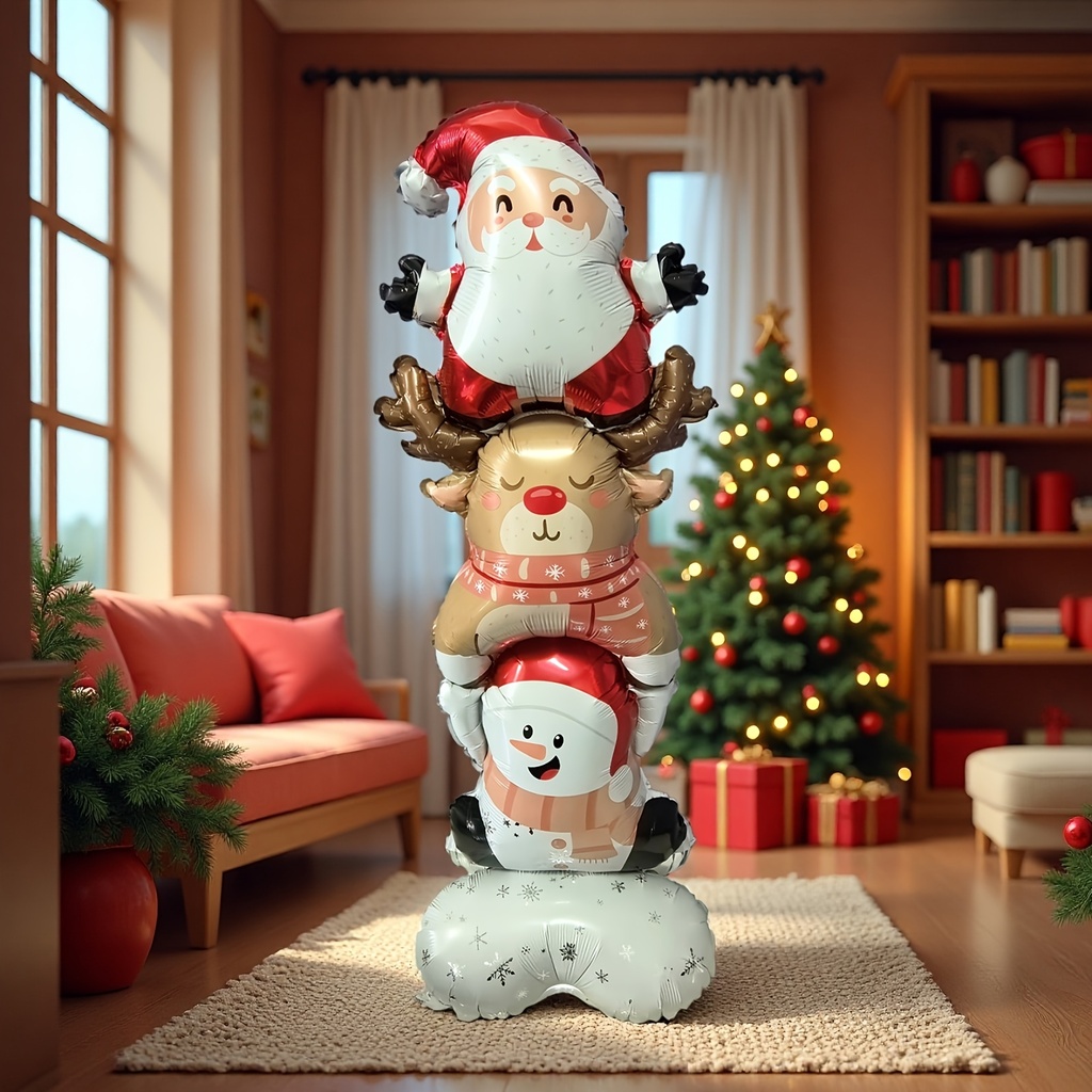 1pc Globo Inflable Gigante de 3 Niveles de 150 cm/59 Pulgadas - Decoración de Fiesta Lista para Helio de Santa, Reno y Muñeco de Nieve para Navidad, Año Nuevo, Cumpleaños - Globo de Lámina Resistente (Helio No Incluido)