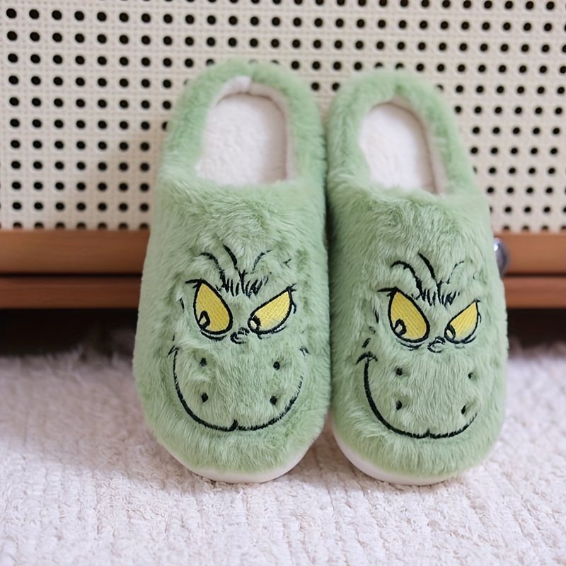 Zapatillas de peluche con pelo verde monstruo navideño, bordadas, suaves y gruesas para hombre y mujer, cómodas y cálidas, con suela TPR, ideales para otoño e invierno