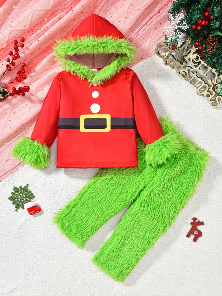Conjunto de Fiesta Navideña para Niñas - Top con Capucha de Manga Larga y Pantalones de Piel Sintética, Rojo y Verde, Elasticidad Media, Corte Regular, Ideal para Celebraciones de Otoño/Invierno, Ropa de Navidad, para Exteriores