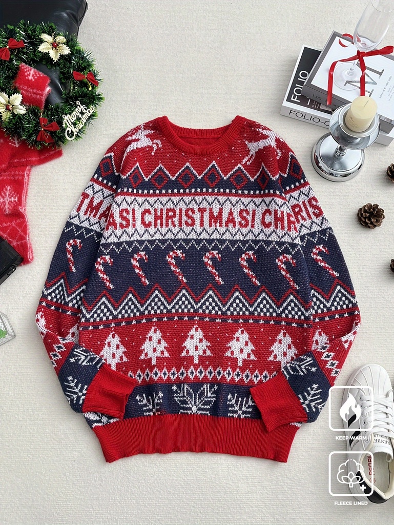 Suéter Navideño para Hombre de Manga Larga en Rojo y Blanco con Patrones de Reno, Copo de Nieve y Muérdago - Suéter de Punto Lavable a Mano para Fiestas de Invierno y Uso Casual (Corte Regular) - Estilo Sueco/Danés