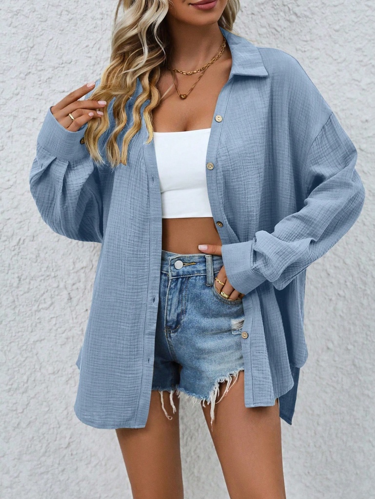 SHEIN LUNE Camisa de manga larga con botones delanteros y cuello de solapa en unicolor