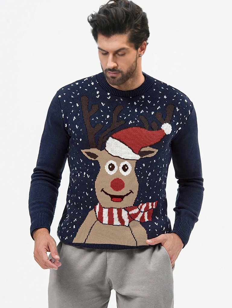 Suéter para hombre con estampado de renos navideños, un top moderno y versátil para la temporada navideña.