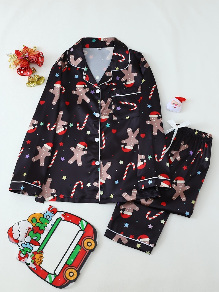 1 conjunto de pijamas de Navidad elegante para mujeres - manga larga, cuello de solapa, poliéster tejido con elastano, estampado festivo de pan de jengibre y bastón de caramelo, detalle de lazo, ropa de dormir cómoda para todas las estaciones