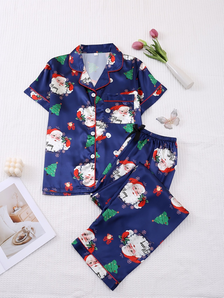 Conjunto de Pijama Azul para Mujer con Estampado Navideño, Diseño Dulce de Manga Corta y Pantalón Largo de Dos Piezas con Cintura Elástica y Top con Botones para Primavera/Otoño/Verano, Pijama Navideño para Mujer, Pijama Occidental, Pijama de Caballo, Conjunto de Pijama para Mujer, Ropa de Noche para Mujer