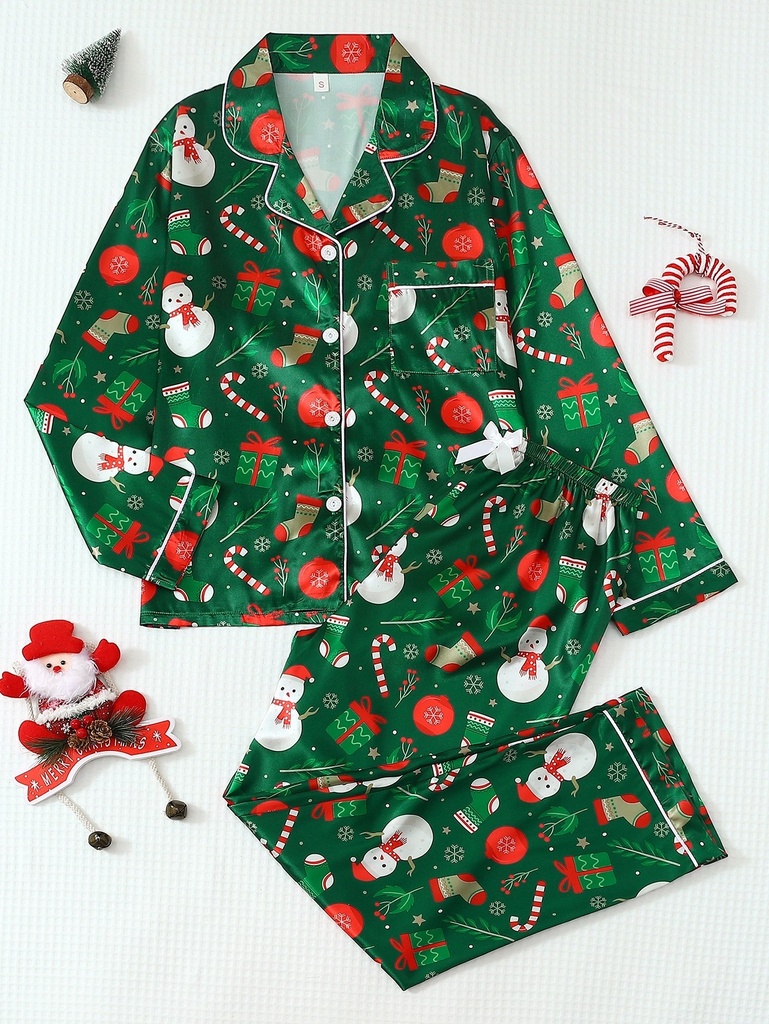Conjunto de pijama de dos piezas para mujer, de satén, para otoño e invierno, con camisa de manga larga con botones y pantalones, ideal para usar en casa, perfecto para el hogar, conjunto navideño, ropa cómoda, pijamas festivos, ropa de dormir para las fiestas, pijamas elegantes, tejido suave, ropa de dormir duradera