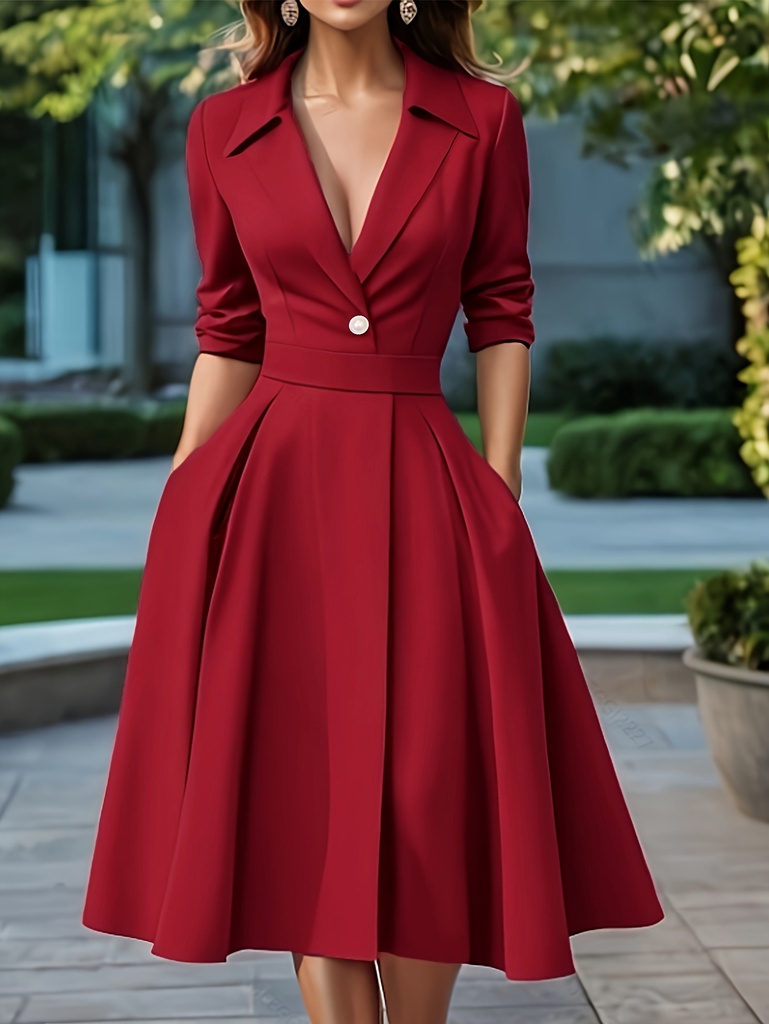 Vestido elegante rojo de corte medio con un solo botón para mujer - Cuello de solapa casual, manga larga, cierre frontal con botones, perfecto para primavera/verano, vestido de verano casual | Vestido con cierre frontal | Tejido de poliéster