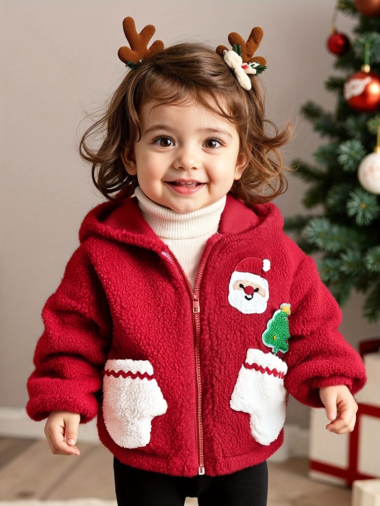 Chaqueta de Invierno con Capucha y Bolsillos para Niñas - Abrigo Suave de Forro Polar, Ribete Rojo & Blanco, Manga Larga Holgada Conjunto Navideño en Tela Cálida Lavable a Máquina (Ideal para Sesiones Fotográficas e Indumentaria Casual) - Patrones Festivos de Santa Claus y Muñeco de Nieve, Sudadera Acogedora, Diseño Adorable de Dibujos Animados, Perfecto para Otoño e Invierno, Ideal como Traje Feliz