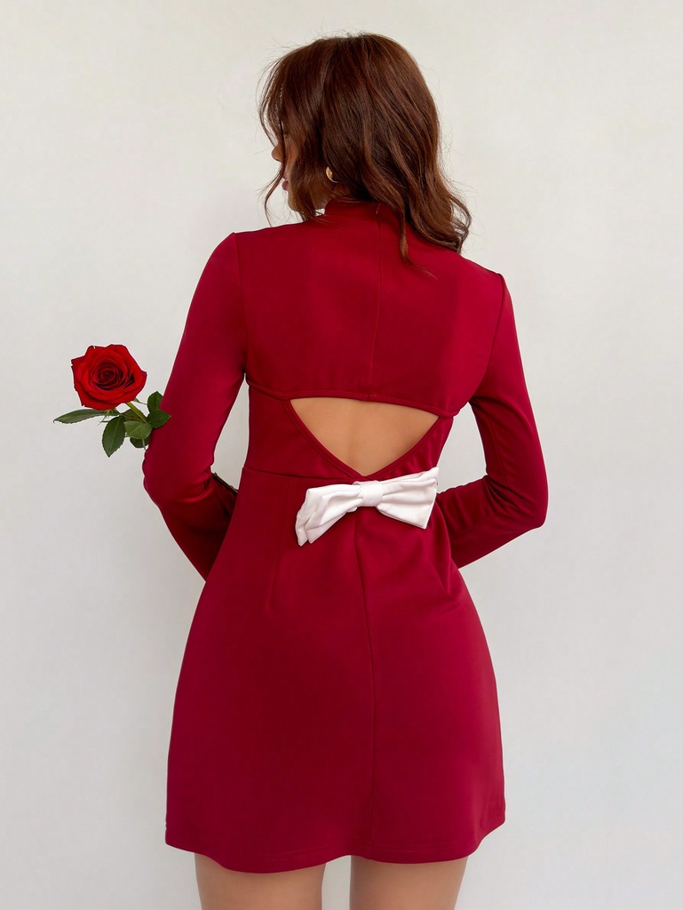 Aloruh Elegante traje de Año Nuevo/Día de San Valentín, vestido corto de manga larga con decoración de lazo y silueta de muñeca tipo línea A