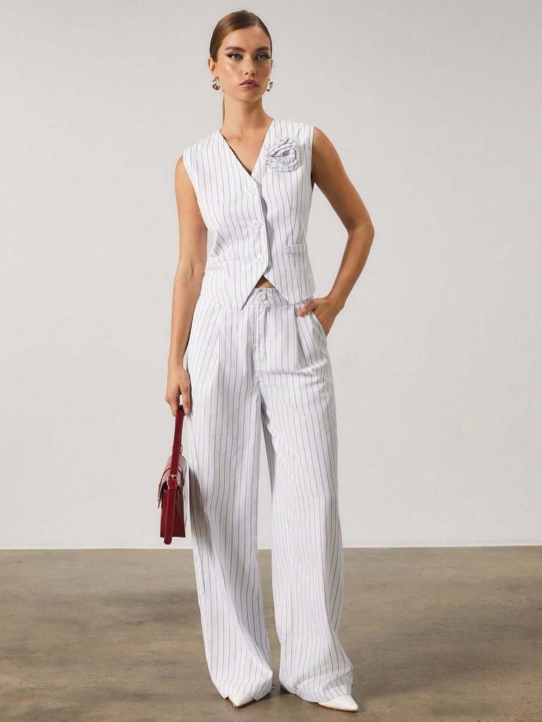 SURIMA Conjunto de chaleco y pantalones con decoración floral 3D a rayas y cuello en V con botones para mujer, para uso casual u oficina