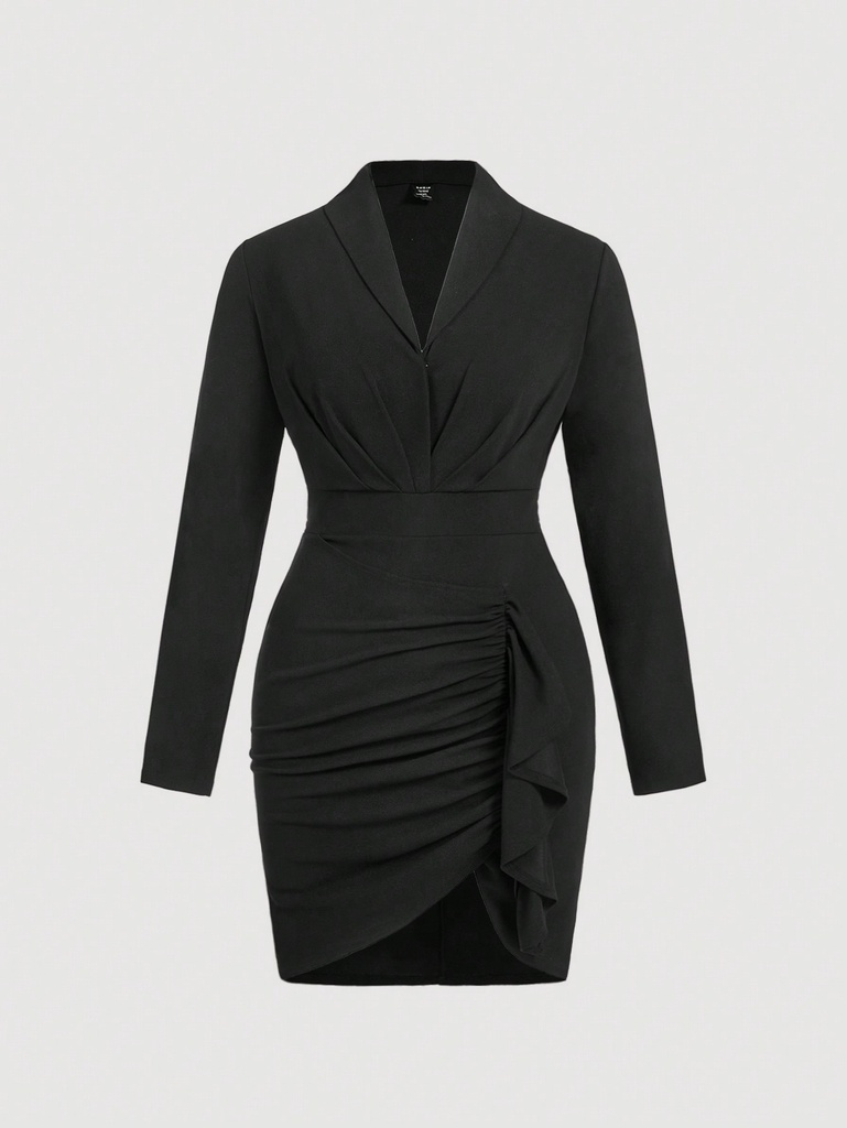 SHEIN MOD Vestido elegante negro de talla grande con volante en el bajo y abertura