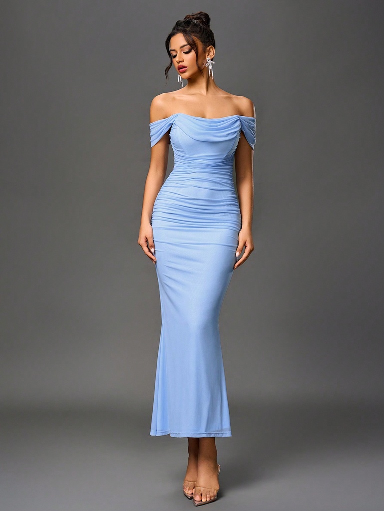 PARTHEA Vestido largo con Body ceñido, hombros descubiertos, dobladillo de cola de sirena, malla y drapeado