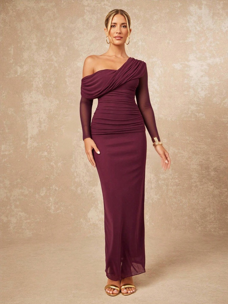 Lumalex VITNOS Vestido maxi ajustado de una sola manga con hombro descubierto, decoración fruncida, de malla roja elegante para mujer. Vestido de una sola manga, vestido burdeos, vestido vino, vestido drapeado, vestidos elegantes para mujer, vestido de graduación, vestido de invitada de boda