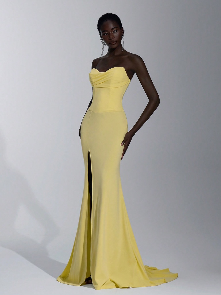 Elitara Elegante y lujoso vestido ajustado de noche con abertura lateral, falda de cola de pez y cuello irregular de punto elástico color amarillo mostaza, adecuado para velada formal de mujeres