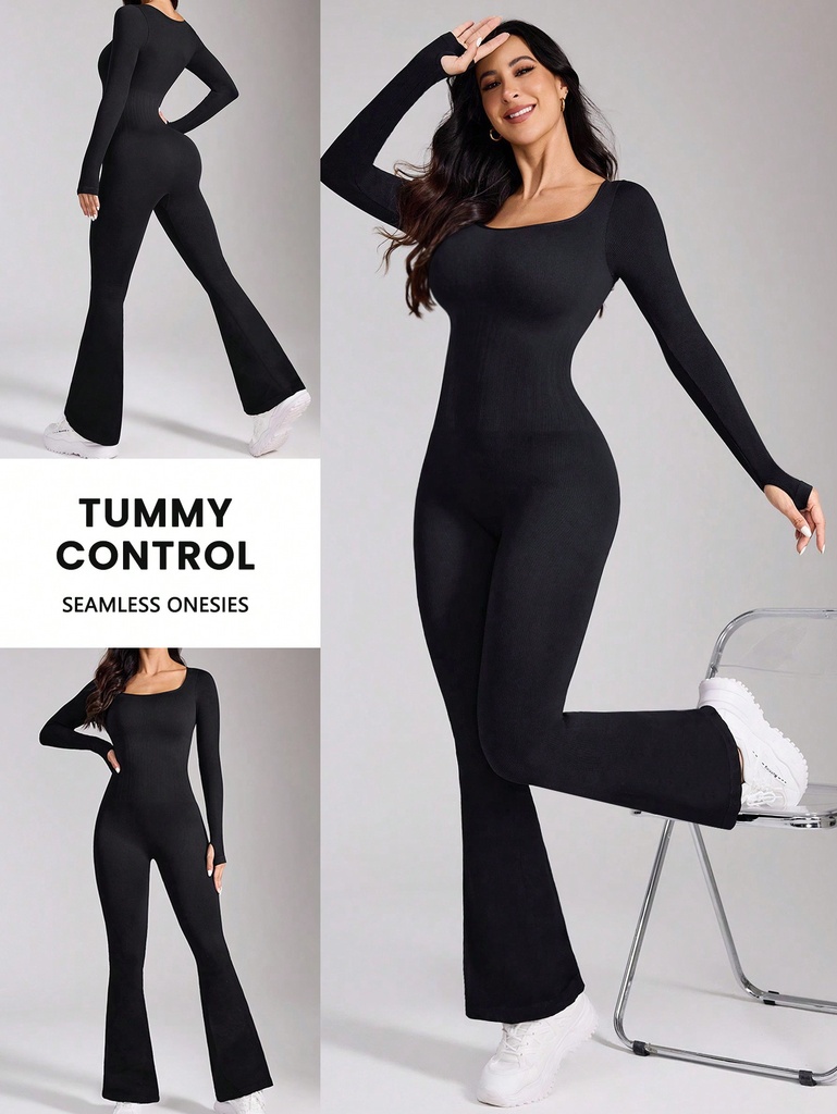 Studio SHEIN Sport Mono deportivo de punto elástico sin costuras con agujeros para el pulgar