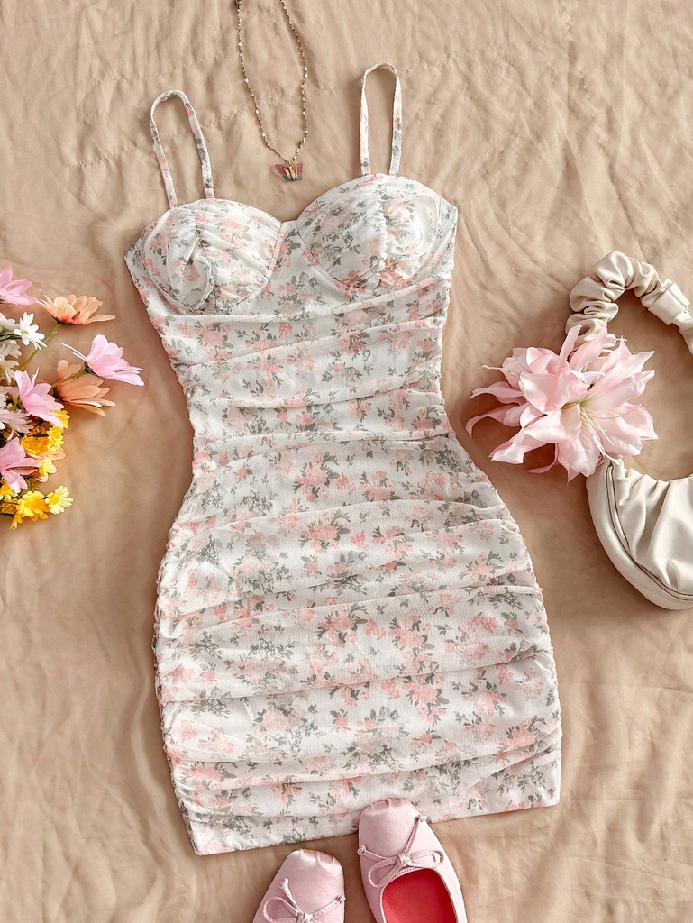 Soleia Vestido corto de tirantes con pliegues y estampado floral menudo