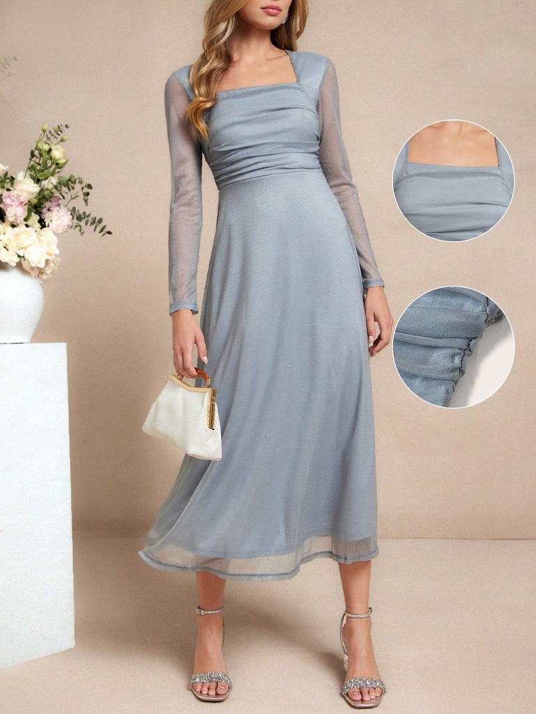 Amorya Vestido largo de malla gris plateado con cuello cuadrado elegante 