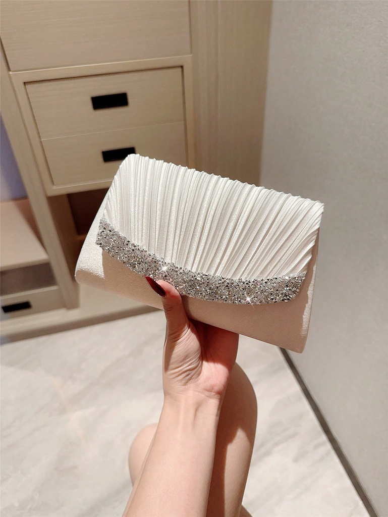 1 pieza Bolso de mano de vestido de noche de satén con pliegues clásicos, bolso formal de fiesta, bolso de sobre nupcial romántico con decoración de cristales, bolso de hombro con cadena, bolsos de fiesta ideales para fiestas, bodas, bailes de graduación, cenas y banquetes